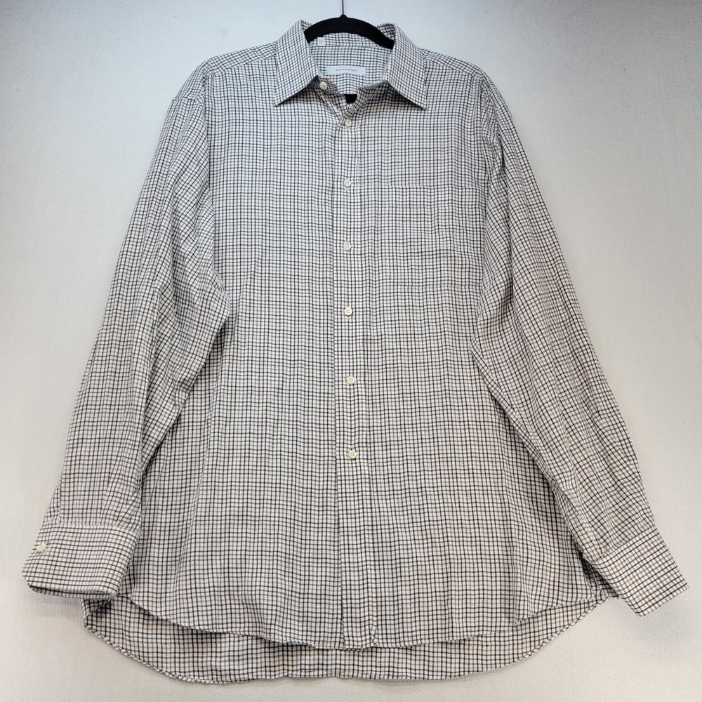 Ermenegildo Zegna Button Down Mens 17.5/44 White Brown Check Long Sleeve Shirt